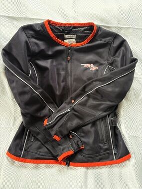 HarleyDavidson Riding Gear Blk Mesh Jacket with Orange Trim and White Embroidery